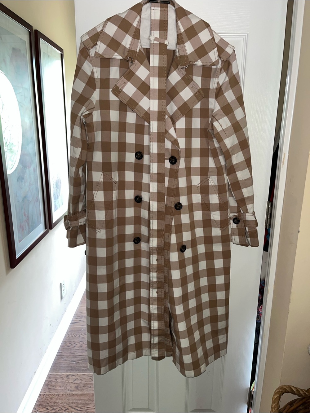 Ann Taylor Brown and White Gingham Double-Breasted Trench Coat
